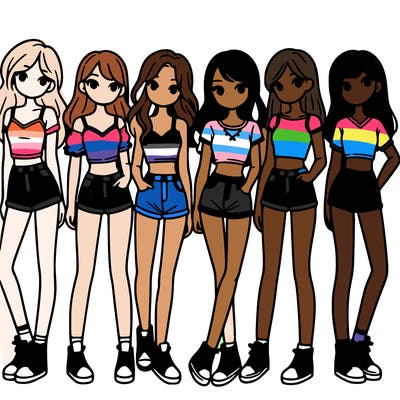 a group of girls wearing crop tops and shorts