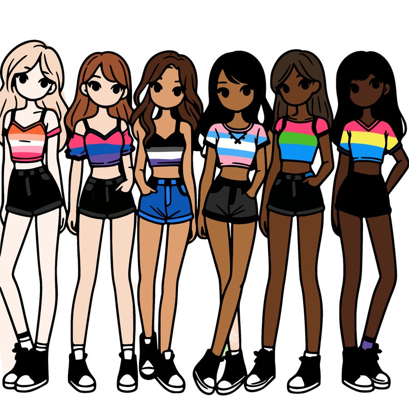 a group of girls wearing crop tops and shorts