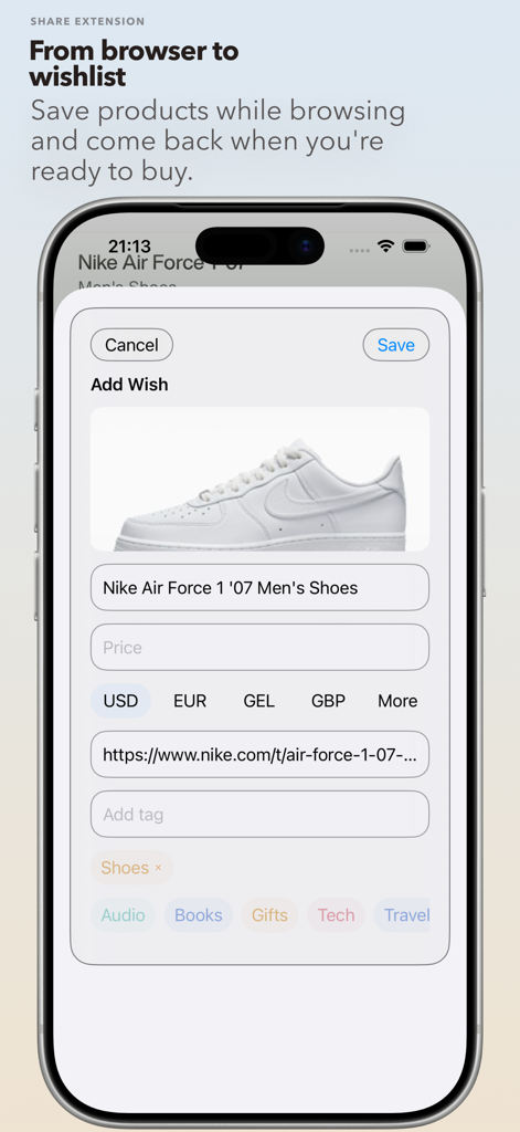 Interface of the Wanted Wishlist share extension for saving products from a mobile browser.
