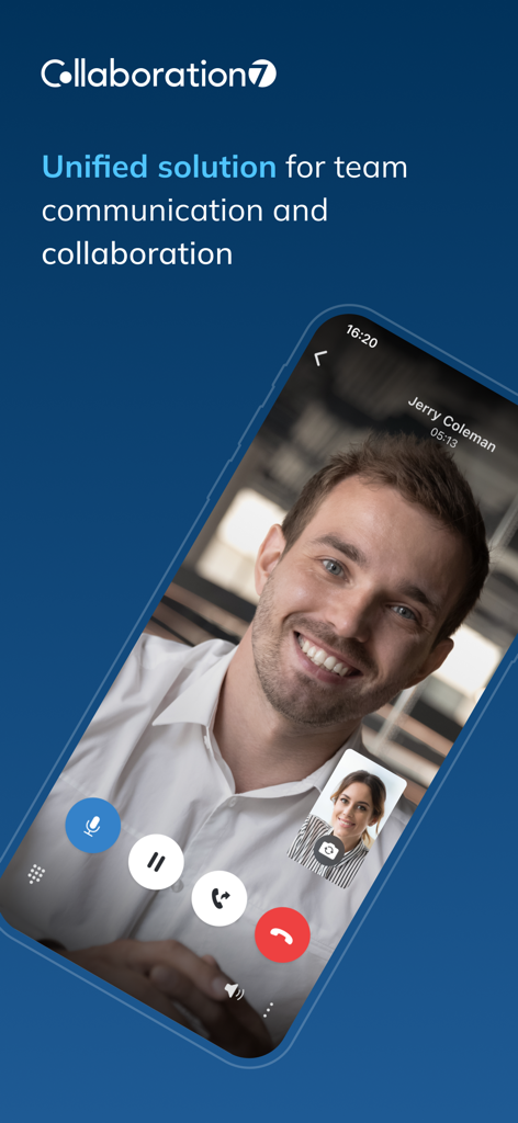 App mobile Wildix Collaboration 7 che mostra un'interfaccia di videochiamata unificata per la comunicazione di team professionale.