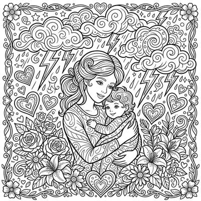 Discover a truly unique Mother's Day coloring experience with this intricate design. Featuring a tender moment between mother and child set against a dramatic backdrop of a thunderstorm and abundant floral beauty, it's perfect for expressing your love.