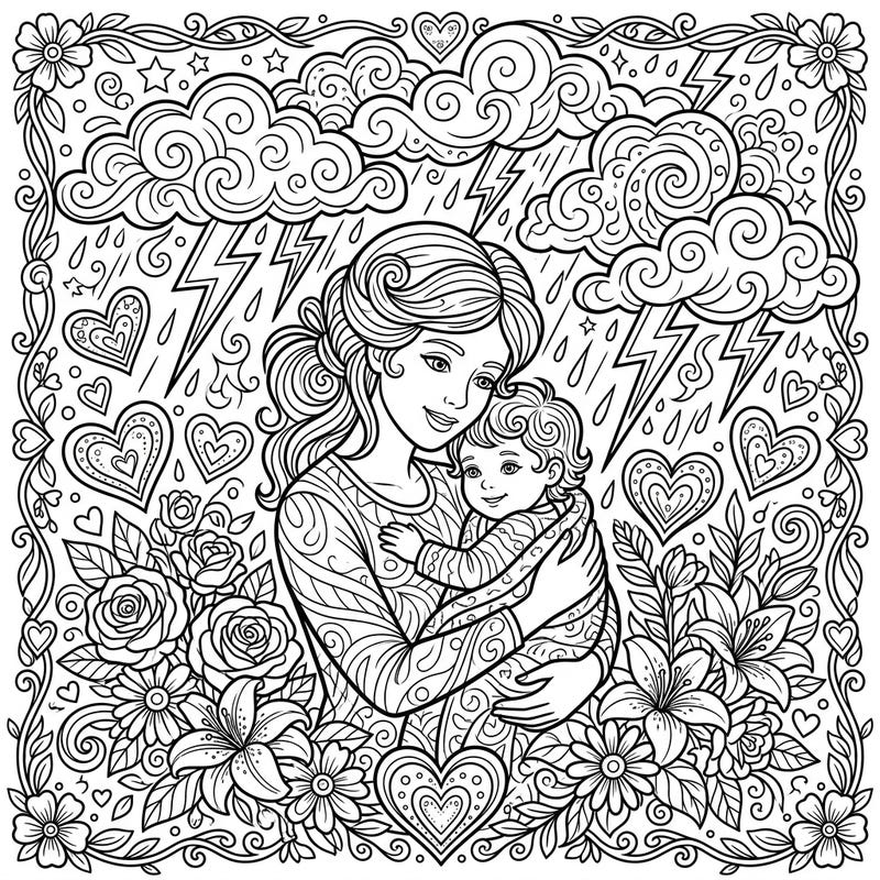 Discover a truly unique Mother's Day coloring experience with this intricate design. Featuring a tender moment between mother and child set against a dramatic backdrop of a thunderstorm and abundant floral beauty, it's perfect for expressing your love.