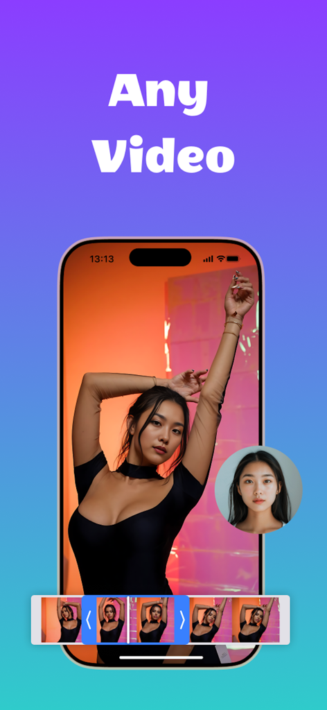 Remaker: AI Face Swap - Remaker AI Face Swap app interface showing a face being swapped onto a person in a video on an iPhone.
