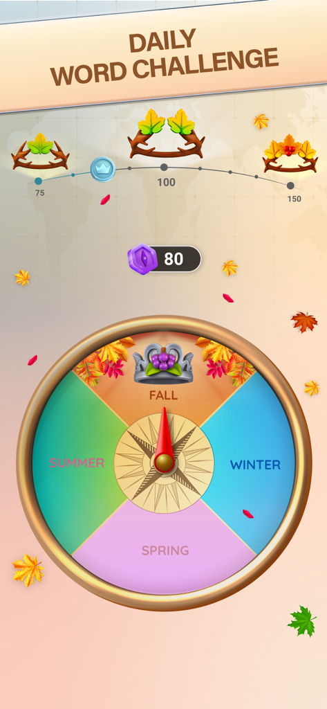 Word City: Connect Word Game - Tägliche Wort-Herausforderung-Bildschirm in der Word City App mit einem saisonalen Rad für Sommer, Herbst, Winter und Frühling und einer Fortschrittsleiste für Belohnungen
