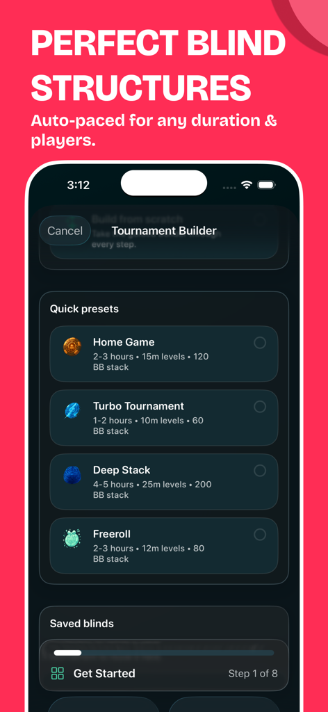 ポーカータイマーアプリで、トーナメントブラインド構造のクイックプリセットを表示しています