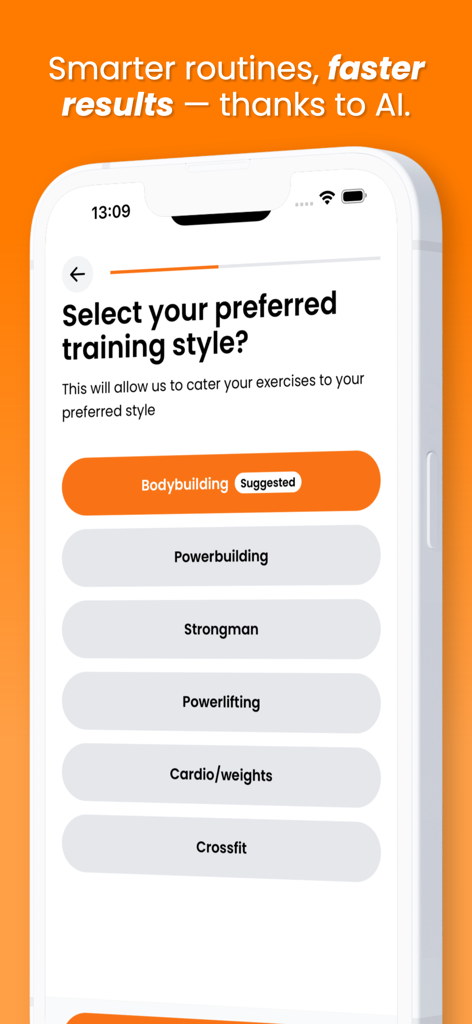 Screen of the Flexiplan app showing training style options like Bodybuilding Powerlifting and CrossFit