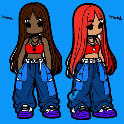 girl in baggy pants crop top and long hair