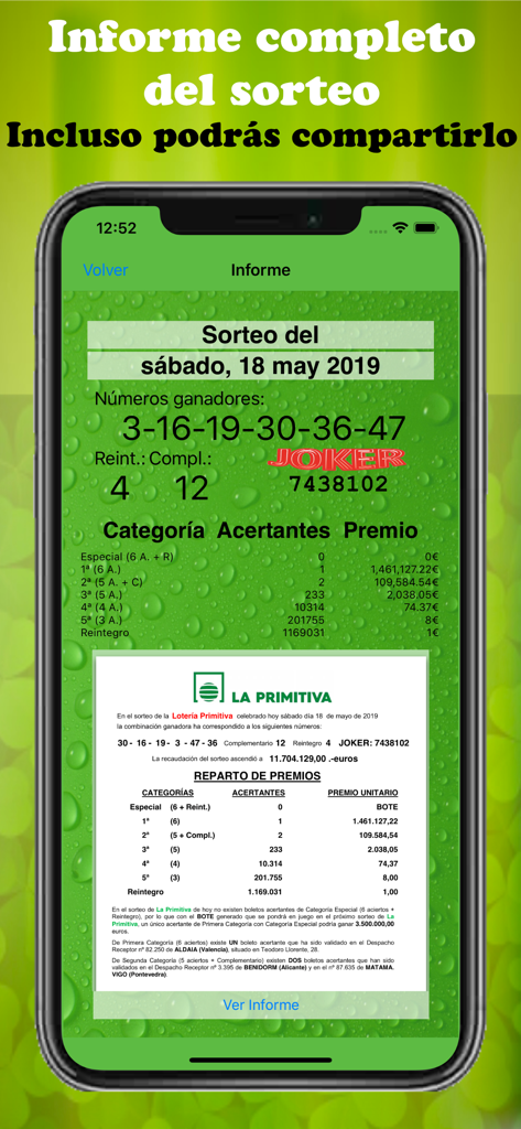 Mobile screenshot of SoloPrimitiva displaying a complete Spanish lottery draw report with winning numbers and prizes