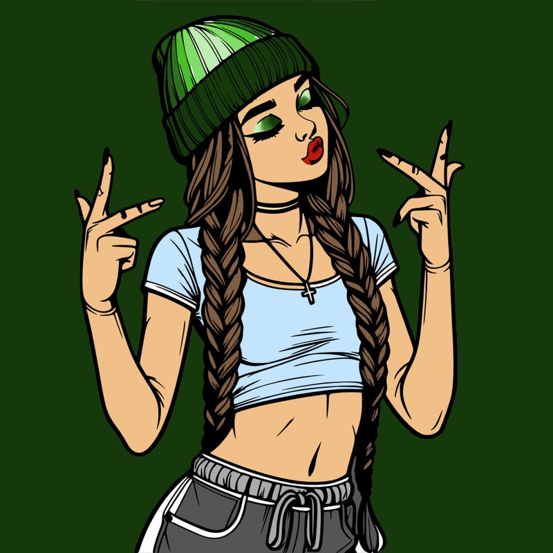 realistic teenage girl with braids and a beanie and crop top doing 🫶🏼