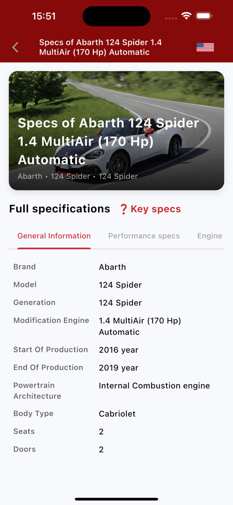 Especificações detalhadas do carro para o Abarth 124 Spider, incluindo motor e tipo de carroceria