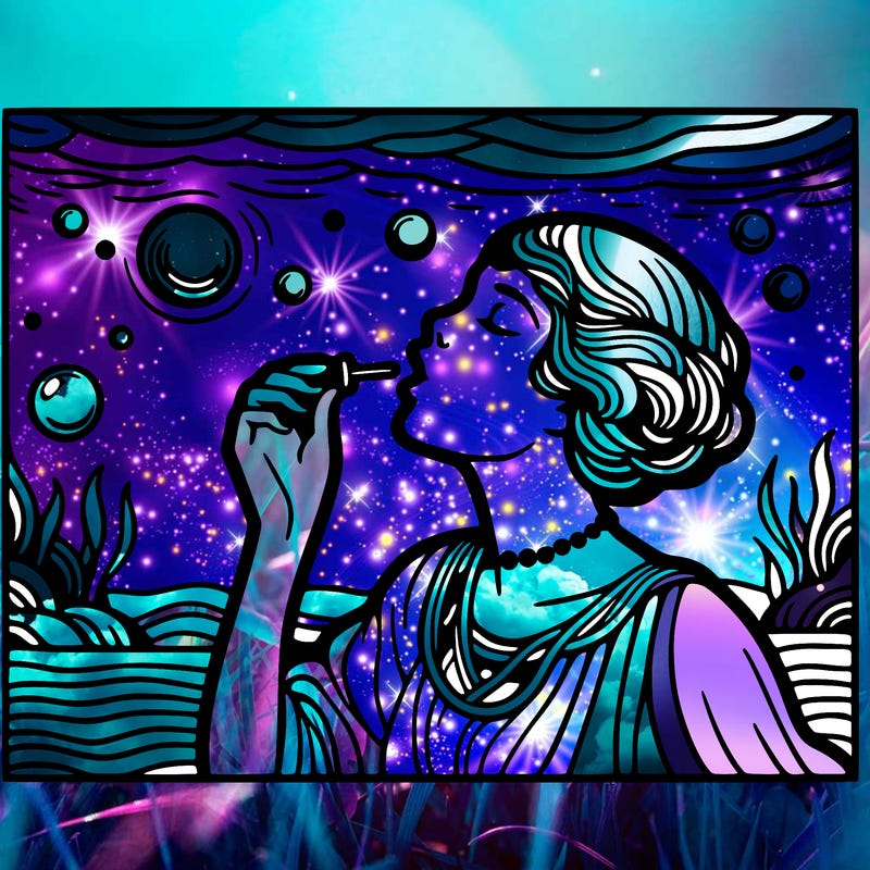 pop art style woman blowing a bubble underwater