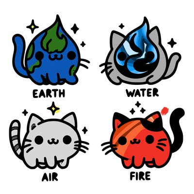 4 cats that represent the different elements, earth, water, air, and fire