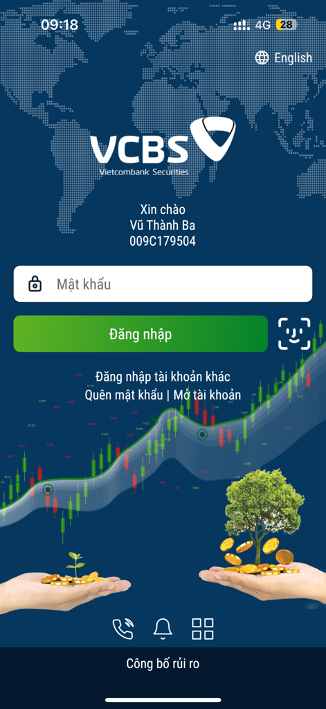 VCBS Mobile - Pantalla de inicio de sesión de VCBS Mobile con el logo de Vietcombank Securities y gráficos de precios del mercado de valores