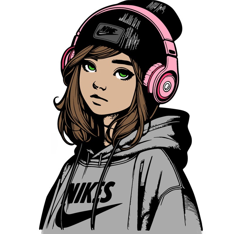 realistic girl wearing a hoodie and a beanie and headphones and nikes