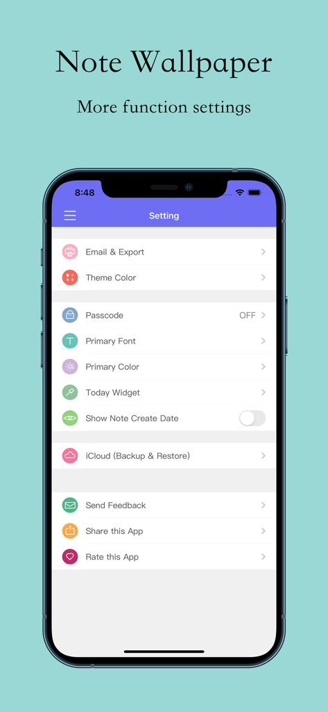テーマカラー、パスコード、iCloudバックアップのオプションを備えたSticky Note & Create Wallpaperアプリの設定画面