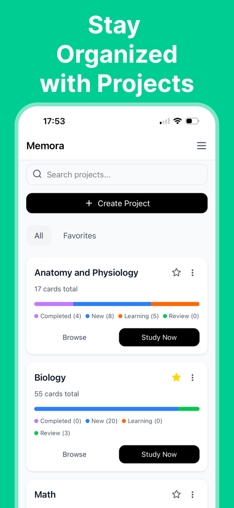 Memora: Study App & Flashcards - Mobile screenshot of the Memora study app showing organized flashcard projects for students including subjects like Anatomy and Biology.