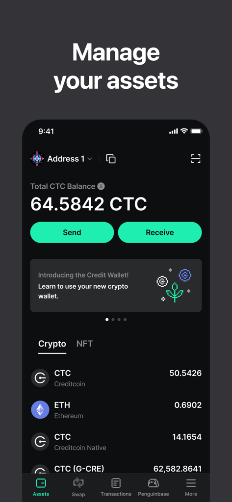 Credit Wallet: Crypto Wallet - Panel de la aplicación Credit Wallet que muestra el saldo de tokens CTC y una lista de activos criptográficos como Ethereum y Creditcoin