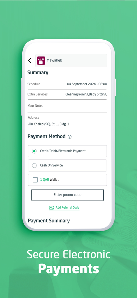 Quick Serve(Quick Maid) - Quick Serve app checkout page showing payment methods and booking summary