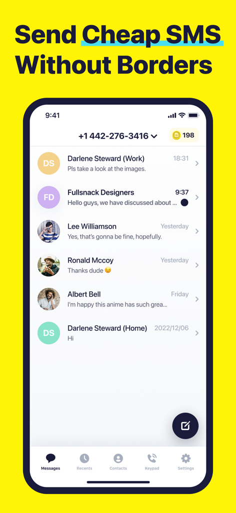 2Phone: Second Phone Number - Oberfläche der 2Phone App, die eine Liste von Textnachrichten von verschiedenen Kontakten zeigt, mit einer zweiten Telefonnummer, die oben angezeigt wird.