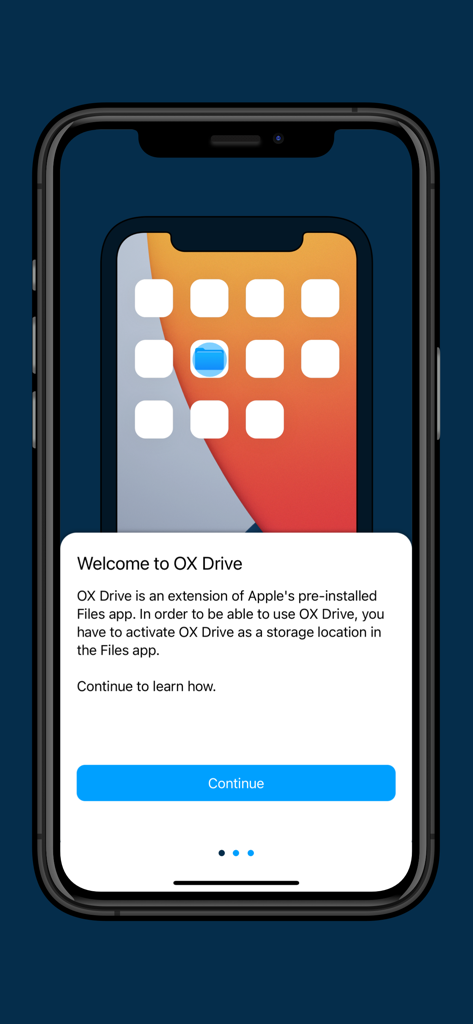 OX Drive by Open-Xchange - Welcome screen for OX Drive explaining integration with the native Apple Files app.