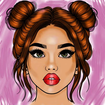 realistic girl with two buns on her hair and lips