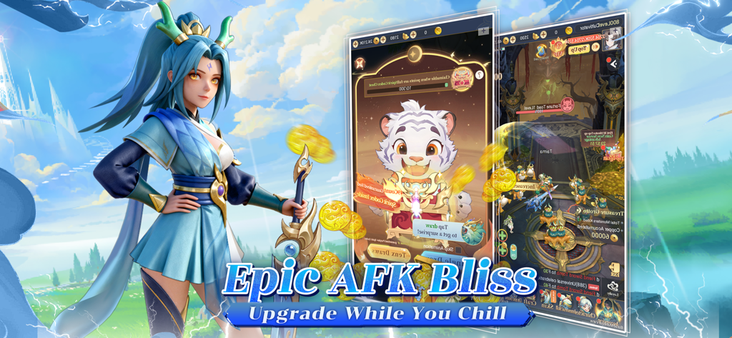 Beast's Creed - Beasts Creed Idle RPG promotional image showing a female warrior and a cute white tiger beast with the text Epic AFK Bliss