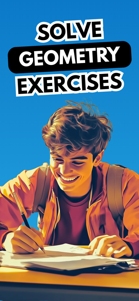 A smiling student happily working on geometry homework with the text Solve Geometry Exercises