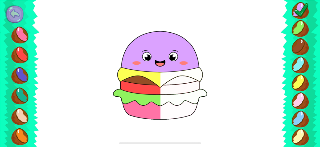 Coloring Games for Kids, Baby. - Digital coloring game interface showing a partially colored cartoon hamburger with a happy face