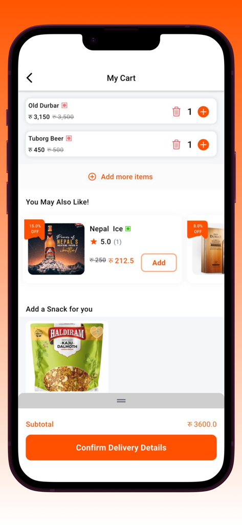 Mapasey - Una pantalla de carrito de compras en la aplicación Mapasey que muestra pedidos de whisky Old Durbar y cerveza Tuborg con un botón para confirmar la entrega.
