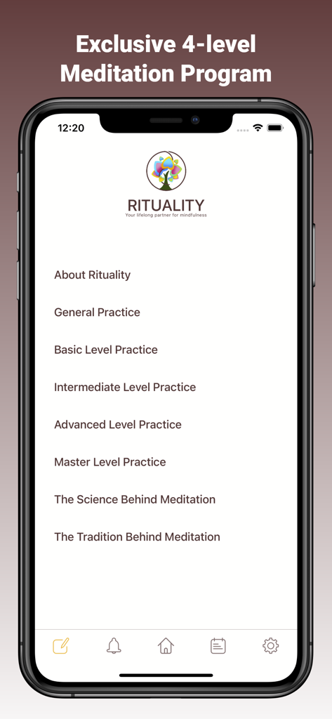 Rituality: Meditation - Interface de l'application Rituality montrant le menu exclusif du programme de méditation à 4 niveaux
