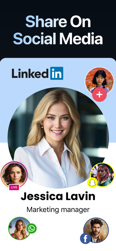 A professional AI headshot displayed on a LinkedIn profile with sharing options for various social media platforms