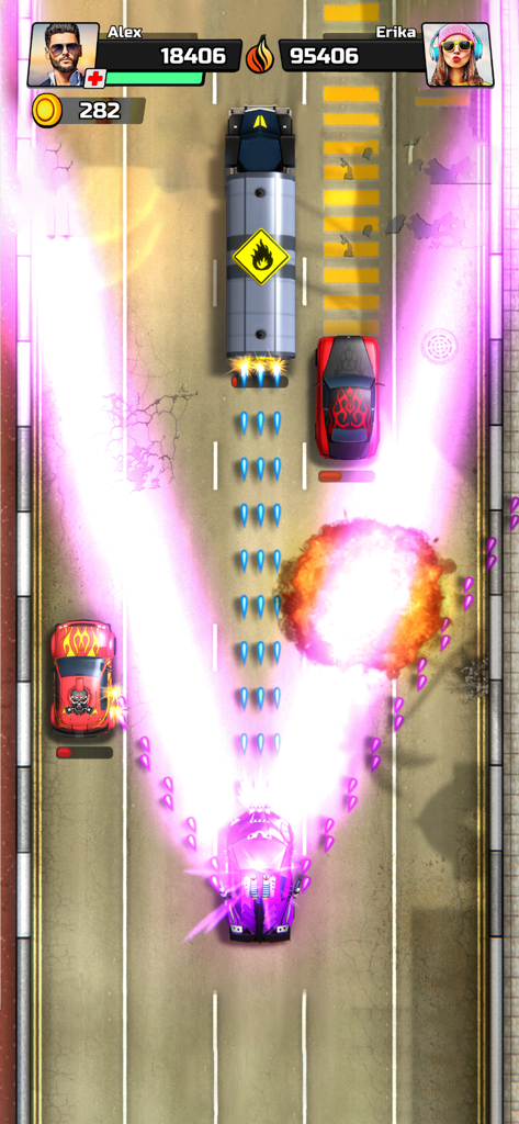 Chaos Road: 3D Car Racing Game - Top-down view of a purple car firing pink lasers and causing explosions in Chaos Road combat racing game