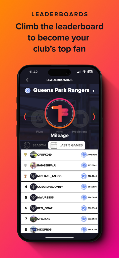 FanHub - FanHub app leaderboard displaying fan mileage for a sports club