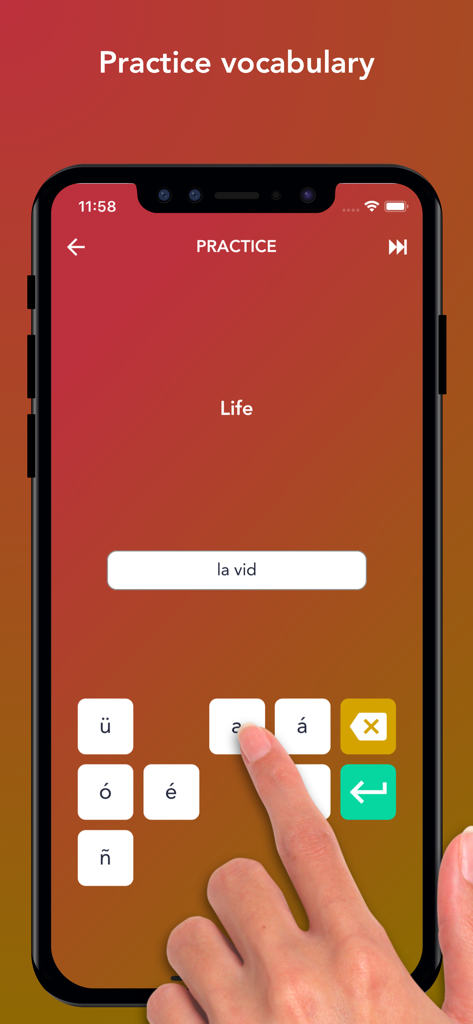Tobo: Learn Spanish Vocabulary - Tobo app practice screen showing a user translating the word Life into Spanish