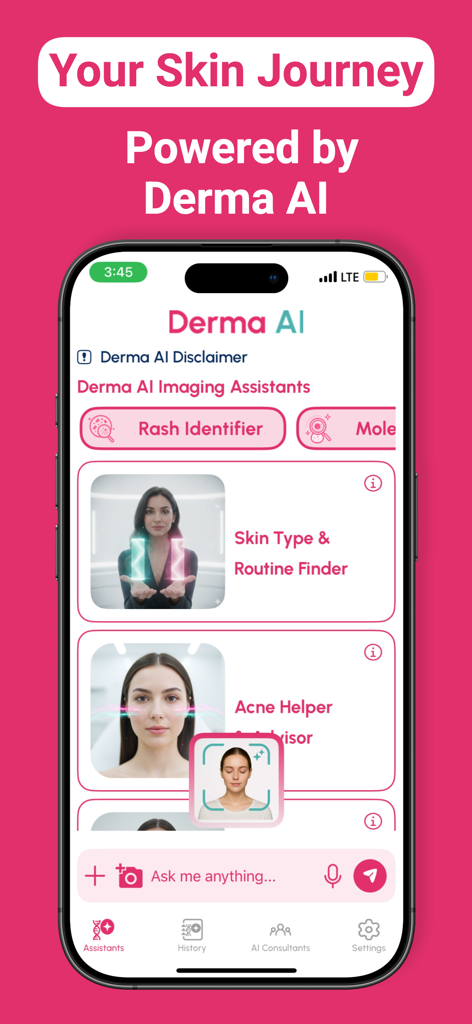 Derma AI: AI for Dermatology - A smartphone displaying the Derma AI app interface featuring skin analysis tools like Rash Identifier and Acne Helper.