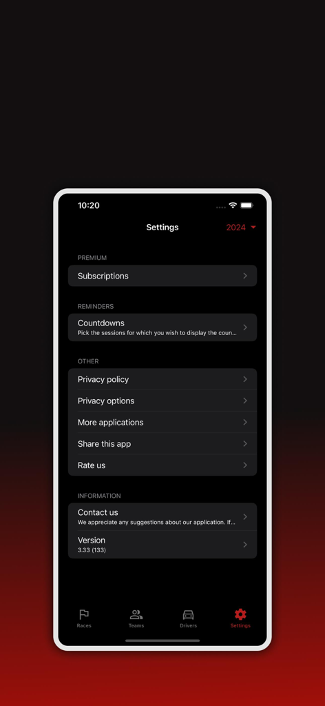 Einstellungsmenü der Formula Calendar App mit Abonnement- und Erinnerungsoptionen