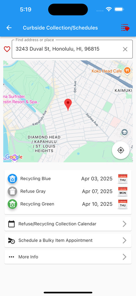 HNL Info - HNL Info app screen showing curbside recycling and refuse collection schedules for a Honolulu address