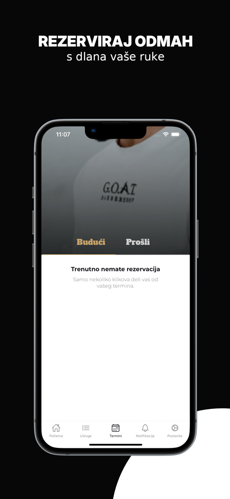 GOAT Barbershop Tivat - Pantalla de gestión de citas de la aplicación móvil GOAT Barbershop Tivat mostrando las secciones de citas próximas y pasadas.