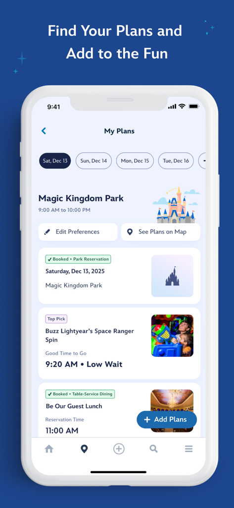 Um smartphone exibindo a tela Meus Planos do aplicativo My Disney Experience com reservas de parque e reservas de restaurantes do Magic Kingdom.