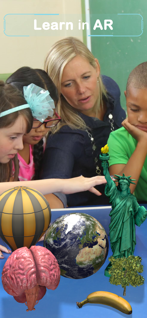A teacher and children interacting with educational 3D augmented reality models including the Statue of Liberty and the Earth
