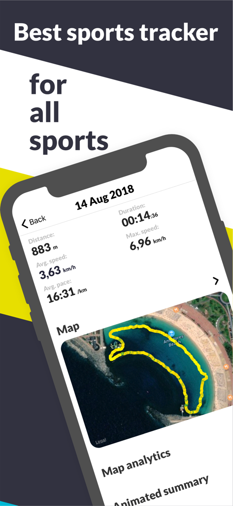 Distance Tracker All Sports - Interface de resumo de treino mostrando estatísticas de velocidade e monitorização de mapa GPS para desportos