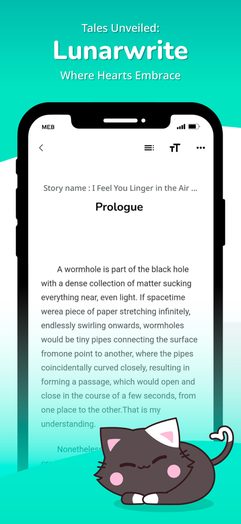 Lunarwrite mobile app interface displaying a novel prologue with a cute cat illustration