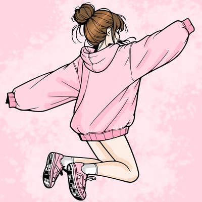 realistic girl jumping with a bun and oversized sweatshirt