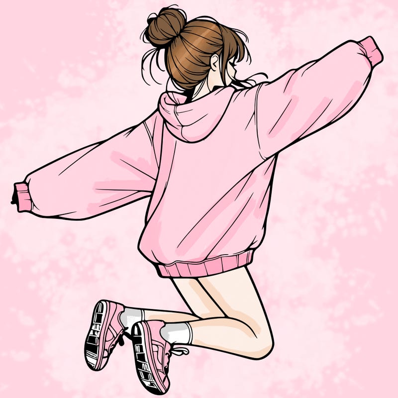 realistic girl jumping with a bun and oversized sweatshirt