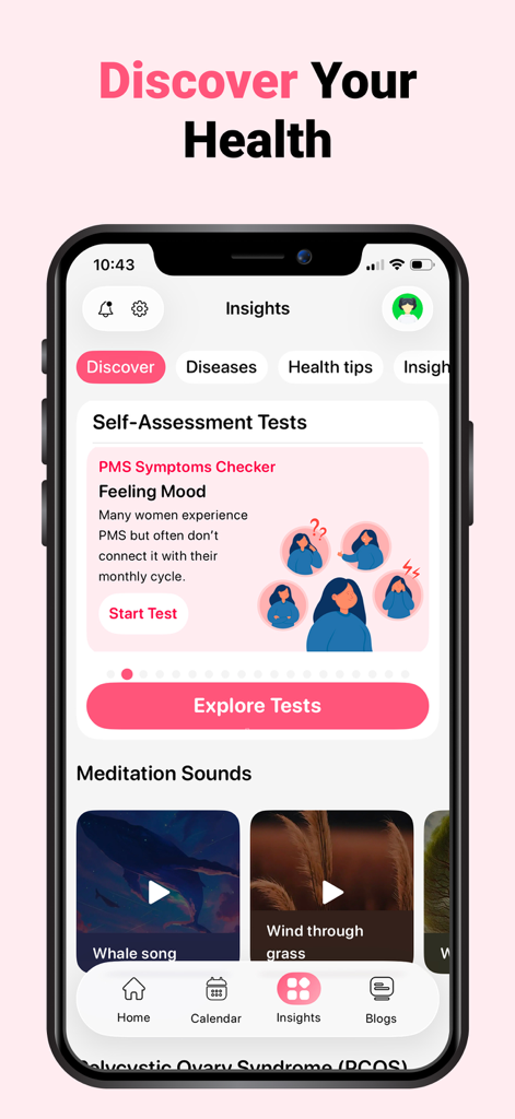 Ovulation Tracker & Calculator - Una pantalla de aplicación móvil que muestra información de salud y un verificador de síntomas de SPM