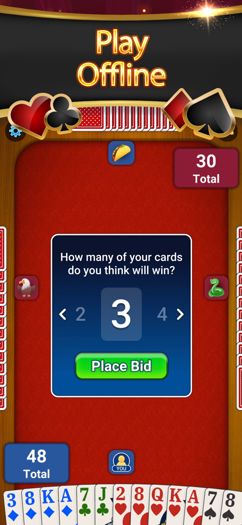 Una pantalla digital de juego de cartas de espadas que muestra una interfaz de selección de pujas sobre un fondo de mesa roja.