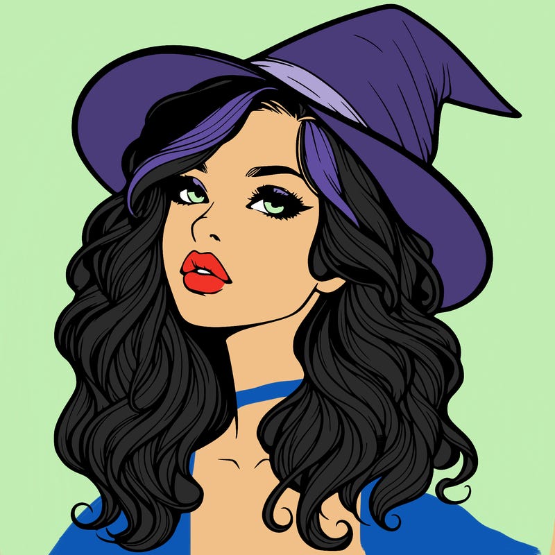 realistic witch girl with wavy hair and lips
