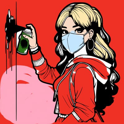 realistic girl with mask spray painting a wall