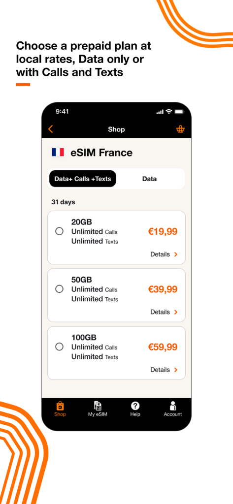 Orange Travel: Prepaid eSIM - Orange Travel app showing prepaid eSIM plans for France including data calls and texts.