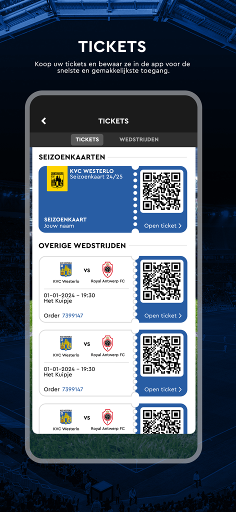 KVC Westerlo mobile app interface showing digital season tickets and match tickets with QR codes
